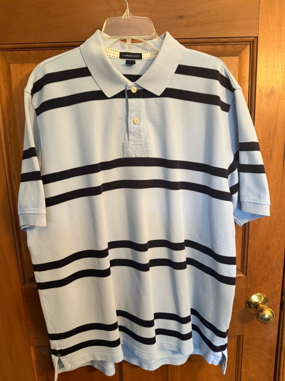 Lands' End Light Blue Polo with Navy Stripes - Men's